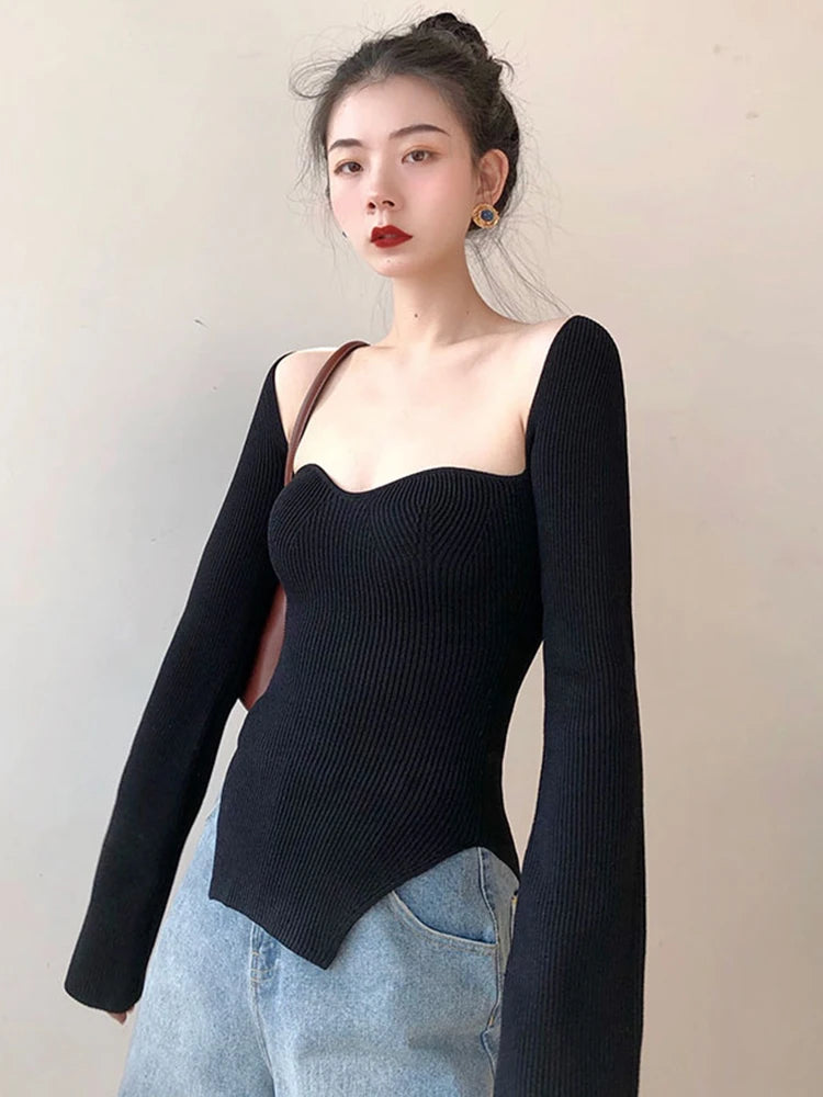 Sweetheart-Neck Long-Sleeve Sweater