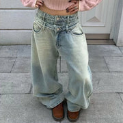 Layered-Waist Wide-Leg Jeans