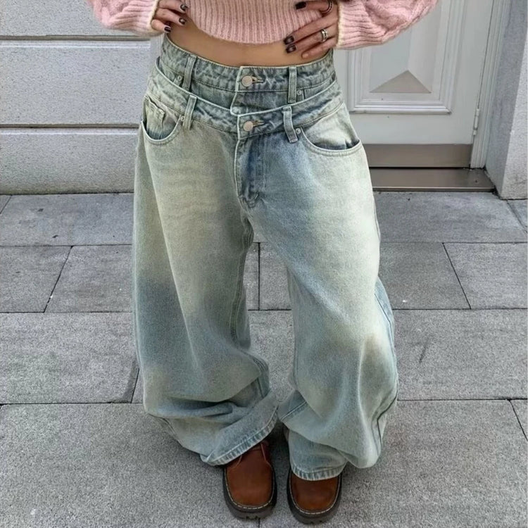 Layered-Waist Wide-Leg Jeans