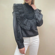Pleated-Bib Long-Sleeve Blouse