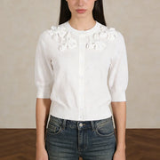Floral Applique Half-Sleeve Cardigan