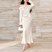 TWOTWINSTYLE Solid Spliced Folds Two Piece Set Female Skew Collar Long Sleeve Shirt Elegant Luxury Women's Skirt Set Fashion New