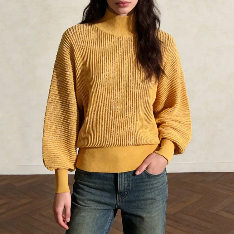 Ribbed High-Neck Balloon-Sleeve Sweater