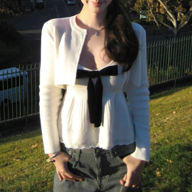 Bow-Detail Cardigan and Top Set
