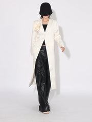 Floral Applique Collarless Long Coat