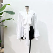Ruffle-Front Bow-Neck Blouse