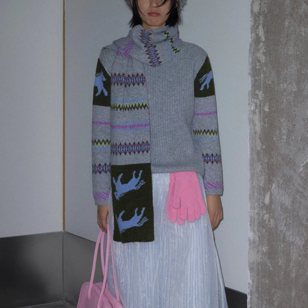 Patterned-Sleeve Turtleneck Sweater