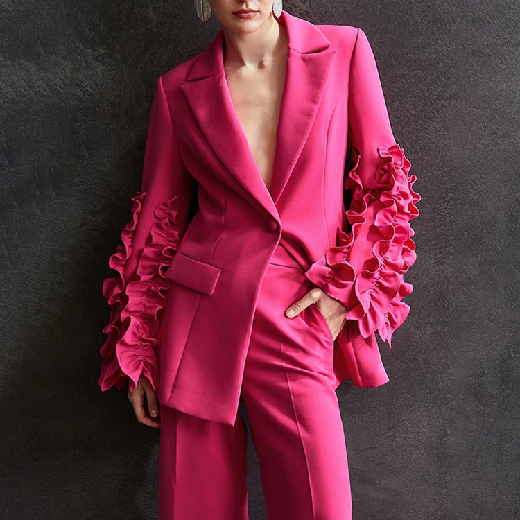 Ruffle-Sleeve Single-Button Blazer