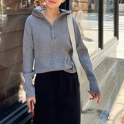 Ribbed Hooded Zip-Up Cardigan