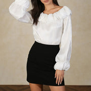 Ruffle-Neck Balloon-Sleeve Blouse
