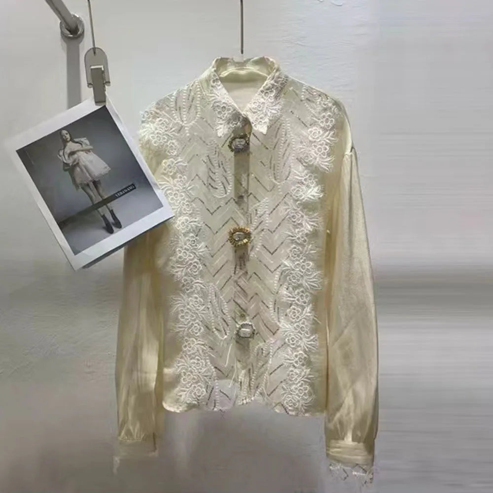 Lace-Panel Fitted Button Blouse