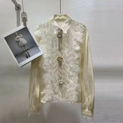 Lace-Panel Fitted Button Blouse