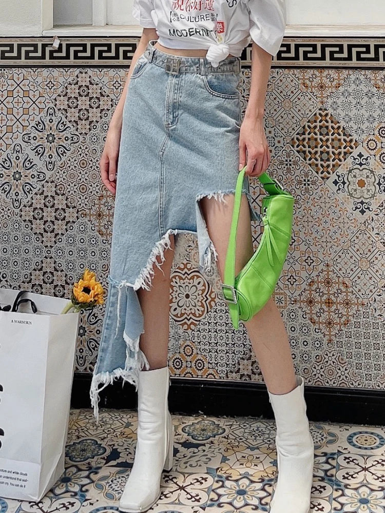 Frayed Asymmetric-Hem Skirt