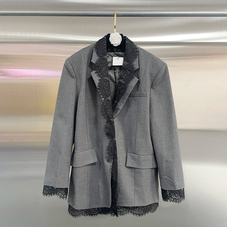 Lace-Trim Single-Breasted Blazer
