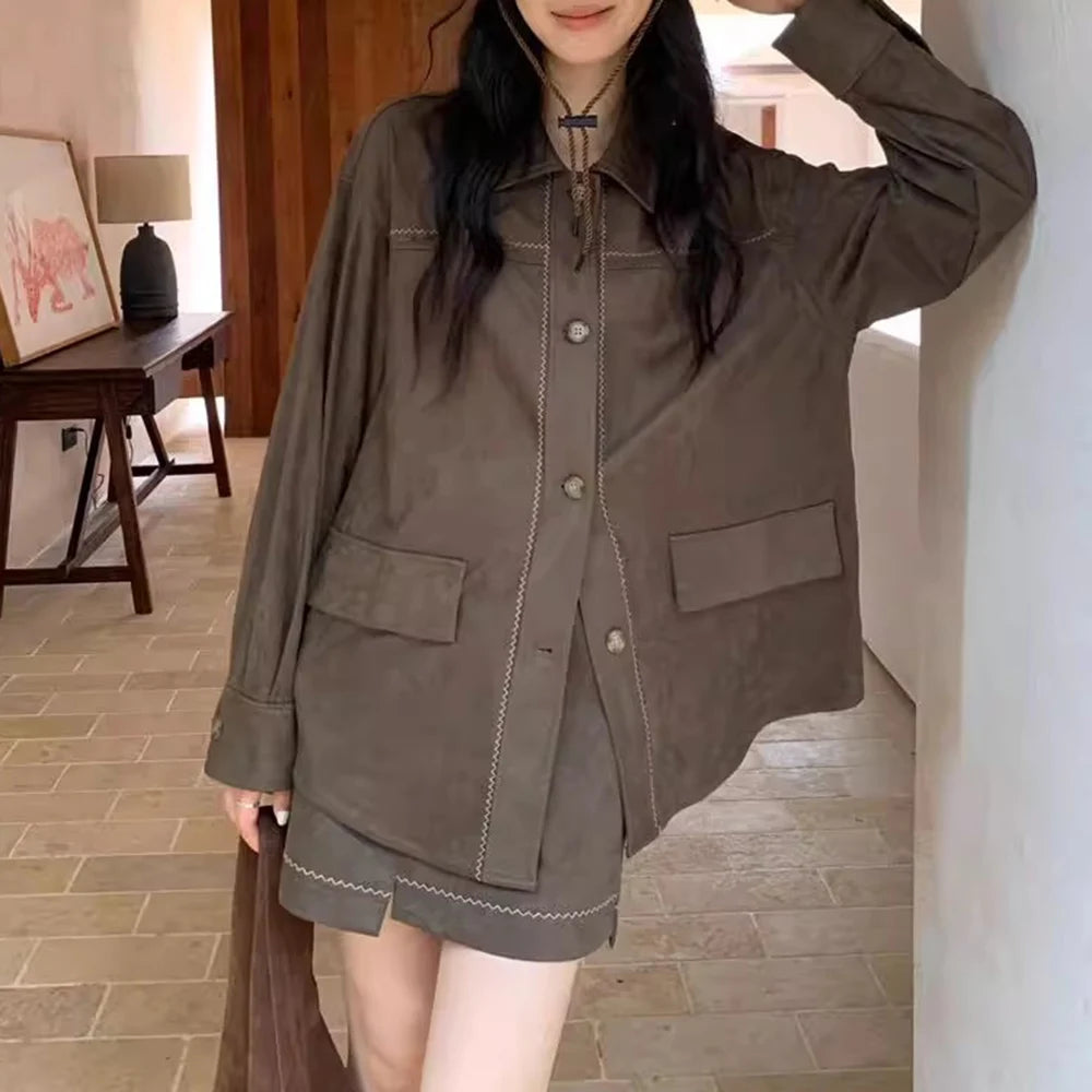 TWOTWINSTYLE Coffee Spliced Pocket Two Piece Set Female Lapel Long Sleeve Shirt Casual Women's Short Pants Set Fashion Style New