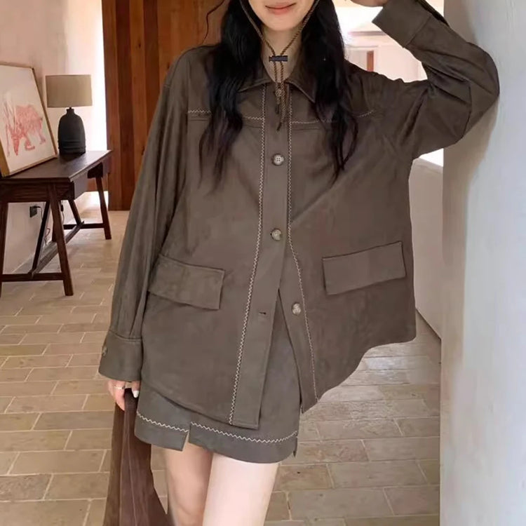 TWOTWINSTYLE Coffee Spliced Pocket Two Piece Set Female Lapel Long Sleeve Shirt Casual Women's Short Pants Set Fashion Style New