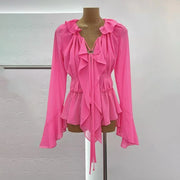 Ruffled V-Neck Flared-Cuff Blouse