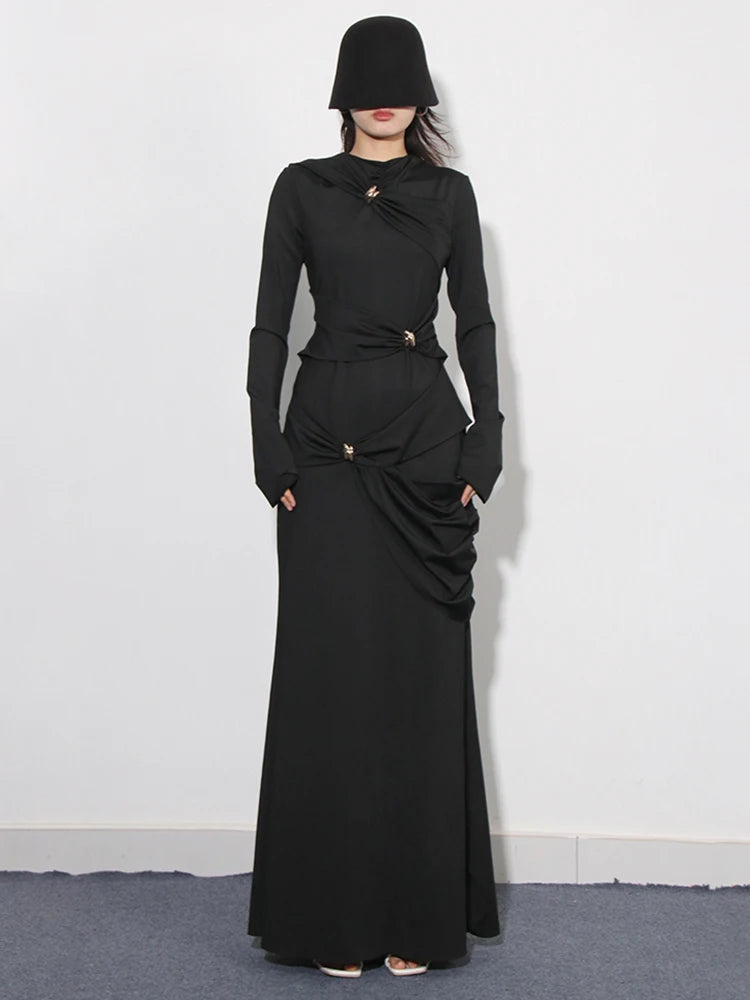 Draped Long-Sleeve Maxi Dress
