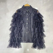 Tiered Ruffle-Sleeve Lace Shirt