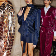 Pinstriped Deep-V Fitted Blazer