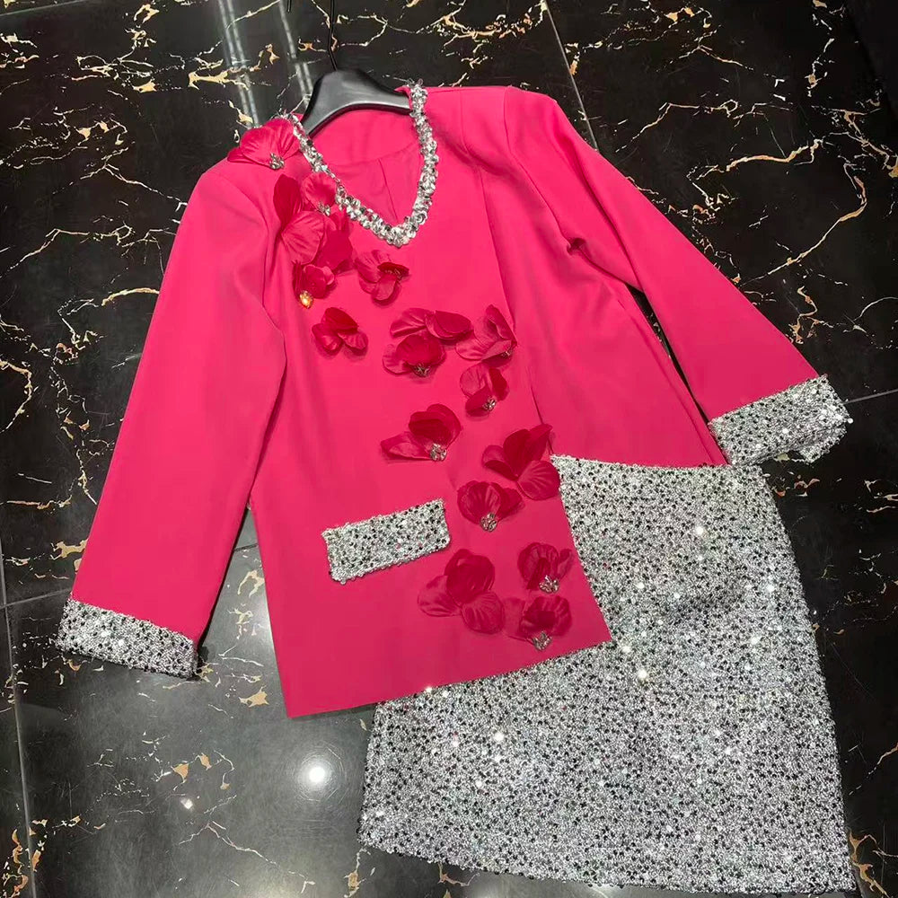 Contrast-Trim Jacket and Skirt Set