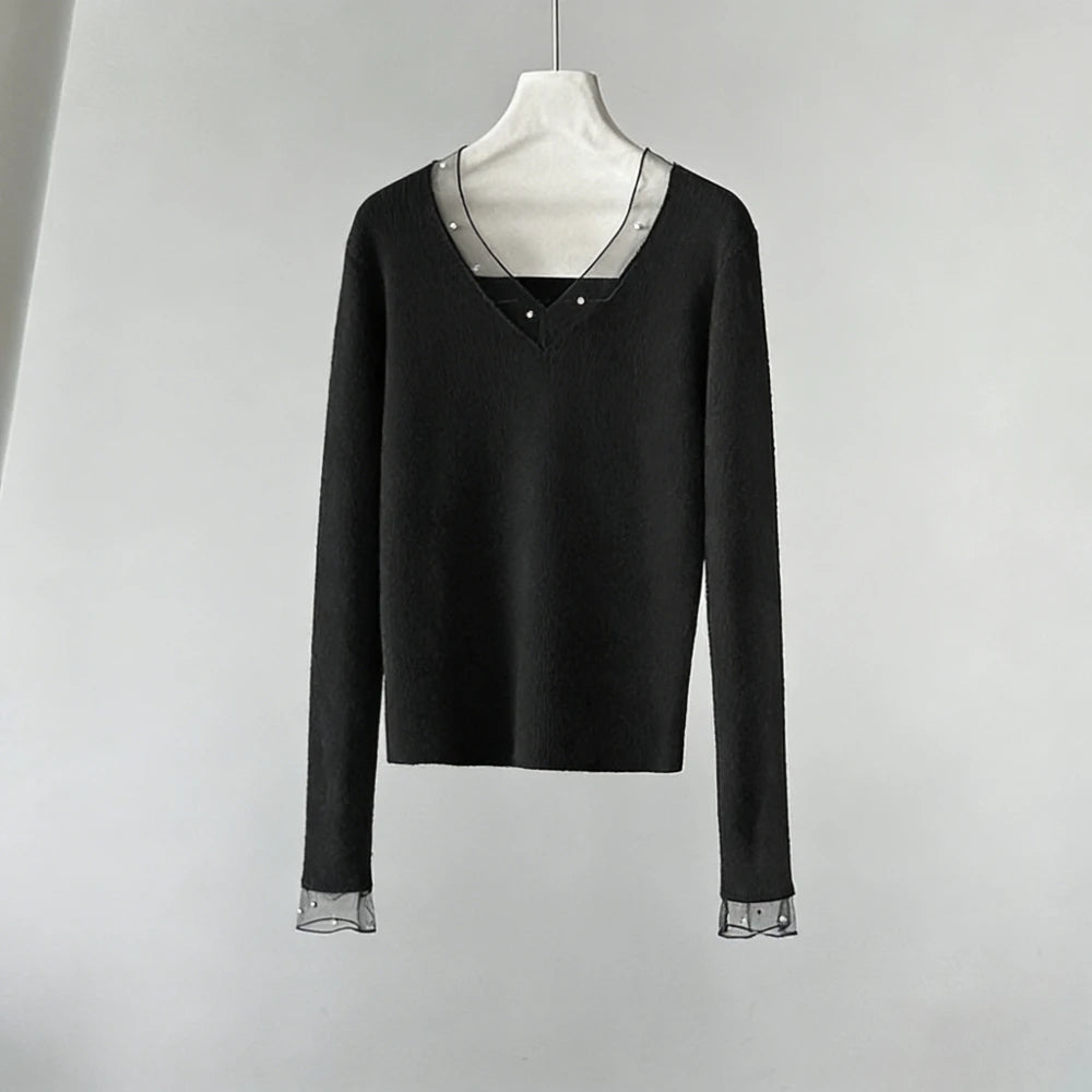 Sheer-Trim V-Neck Top
