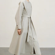 Collarless Tie-Waist Long Coat