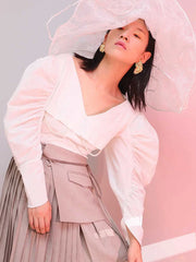 Ruched Puff-Sleeve V-Neck Blouse