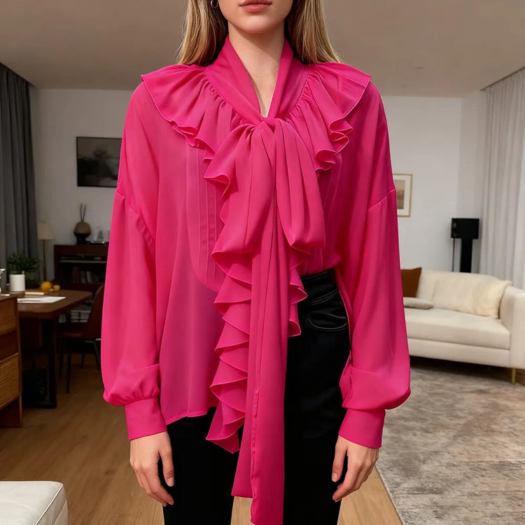 Ruffle-Front Bow-Neck Blouse