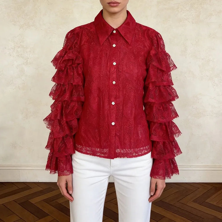 Tiered Ruffle-Sleeve Lace Shirt