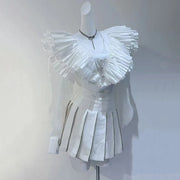 Pleated-Ruffle V-Neck Cropped Blouse
