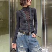 Lace-Up Sheer-Panel High-Neck Top
