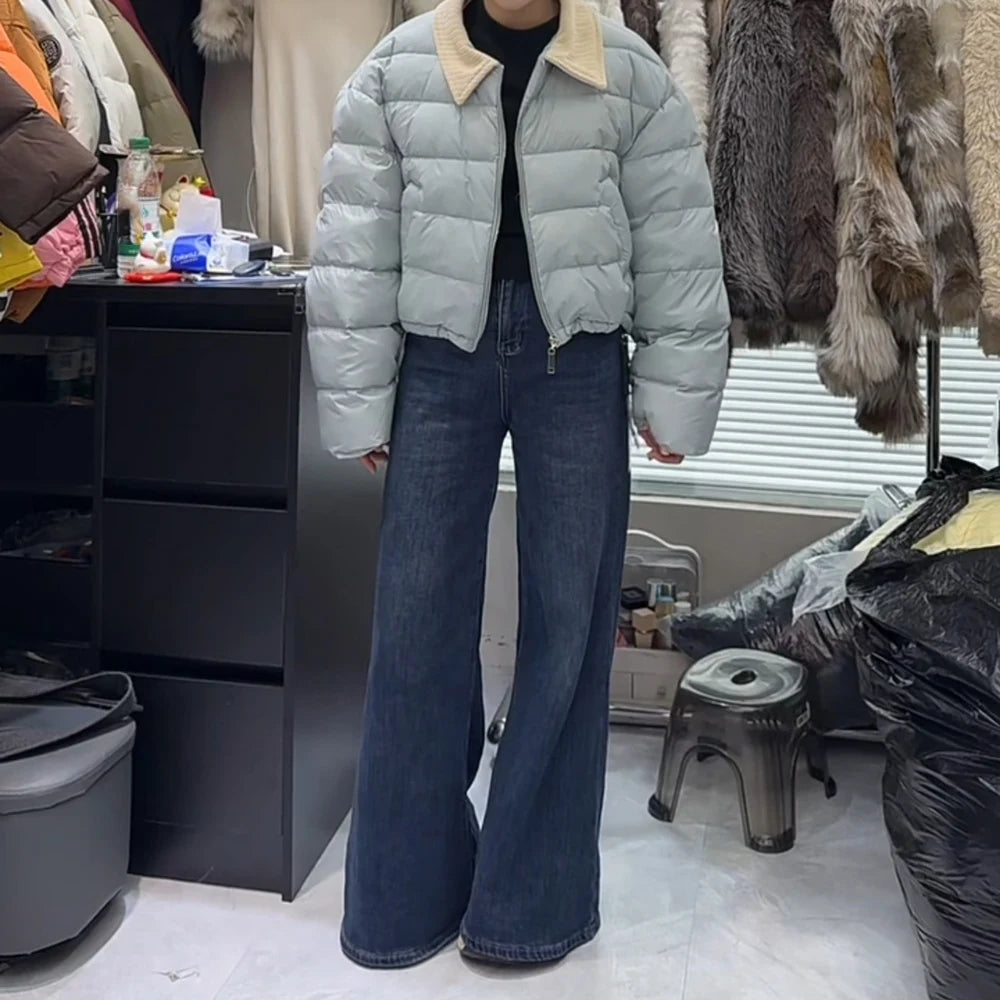 Contrast-Collar Cropped Puffer Jacket
