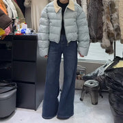 Contrast-Collar Cropped Puffer Jacket