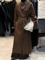 Asymmetric-Collar Tie-Waist Trench Coat