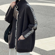 Contrast-Trim Chunky Button Cardigan