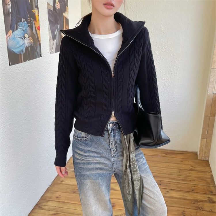 Cable-Textured Zip-Up Cardigan