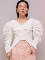 Ruched Puff-Sleeve V-Neck Blouse