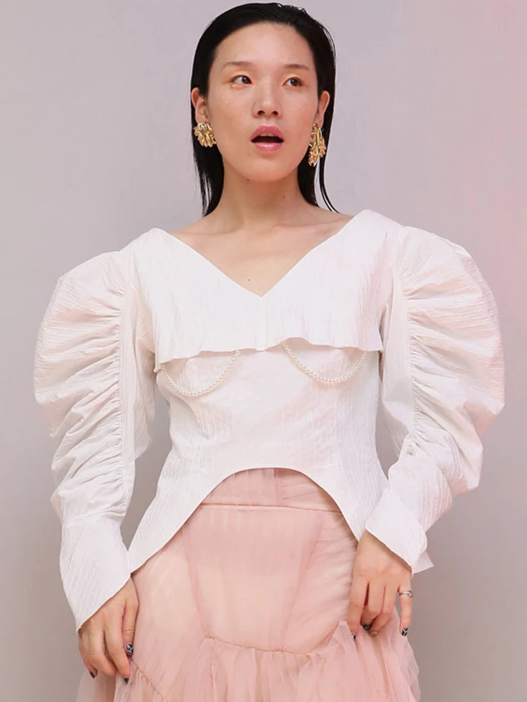 Ruched Puff-Sleeve V-Neck Blouse