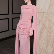 Ruched Long-Sleeve Long Dress