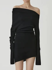 Asymmetric-Neck Long-Sleeve Mini Dress