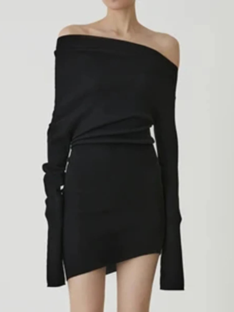 Asymmetric-Neck Long-Sleeve Mini Dress