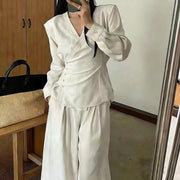TWOTWINSTYLE Solid Spliced Folds Two Piece Set Female V Neck Long Sleeve Jacket Office Commute Women's Trousers Set Fashion New