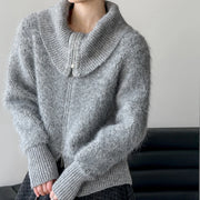 Wide-Collar Zip-Up Cardigan