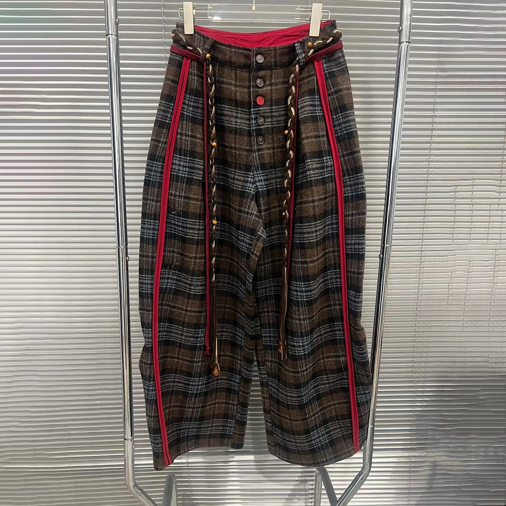 Contrast-Stripe Plaid Pants