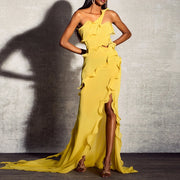 Asymmetric Ruffle Slit Long Dress