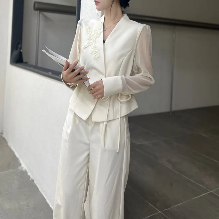 TWOTWINSTYLE Solid Spliced Lace Up Two Piece Set Female V Neck Long Sleeve Jacket Temperament Women's Trousers Set Fashion New