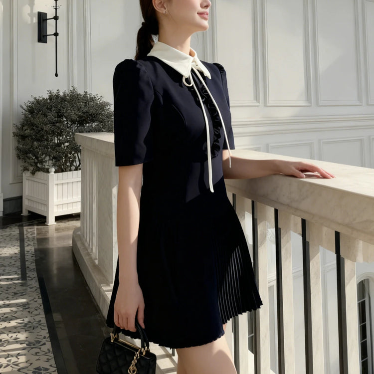 Tie-Neck Pleated Mini Dress