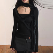 TWOTWINSTYLE Solid Two Piece Set Female Square Collar Long Sleeve T Shirt Vintage Korean Women's Spliced Fur Scarf Fashion Set
