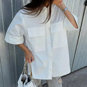 Flap-Pocket Short-Sleeve White Shirt